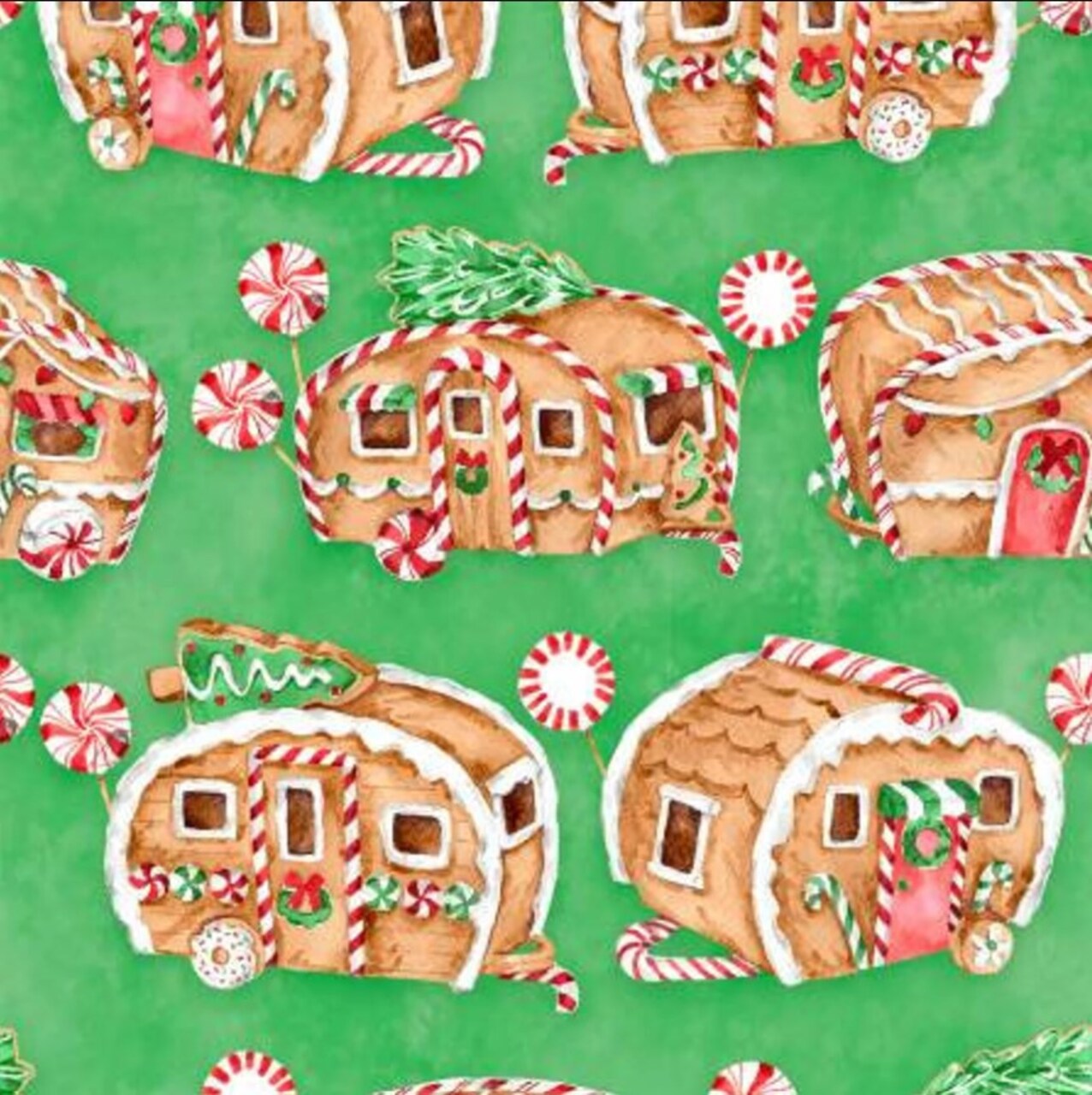 3 Wishes Christmas Gingerneering Gingerbread Campers on Green 100% Cotton By the yard